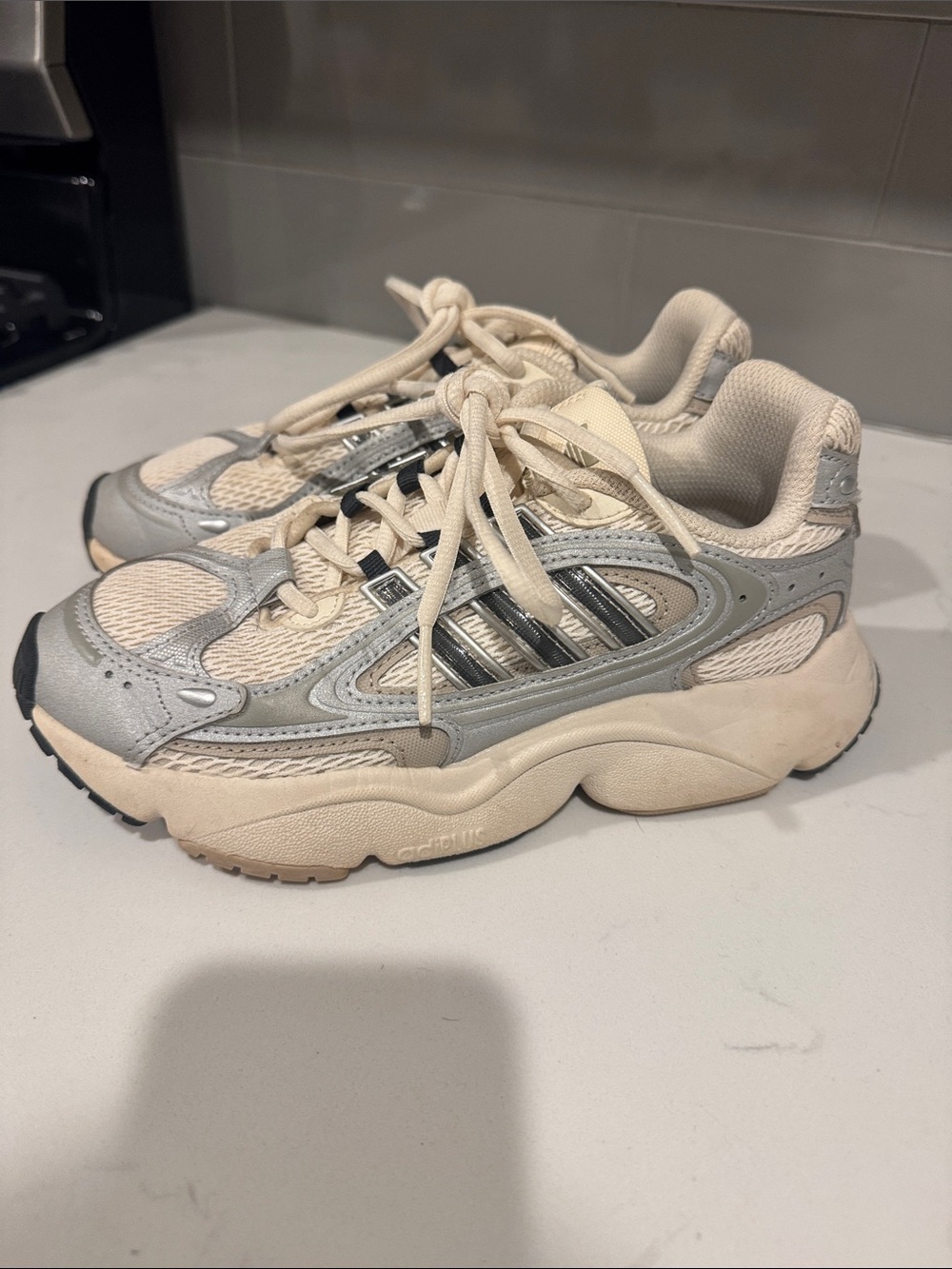adidas ozmillen Retro Chunky Sneakers in Cream and Silver